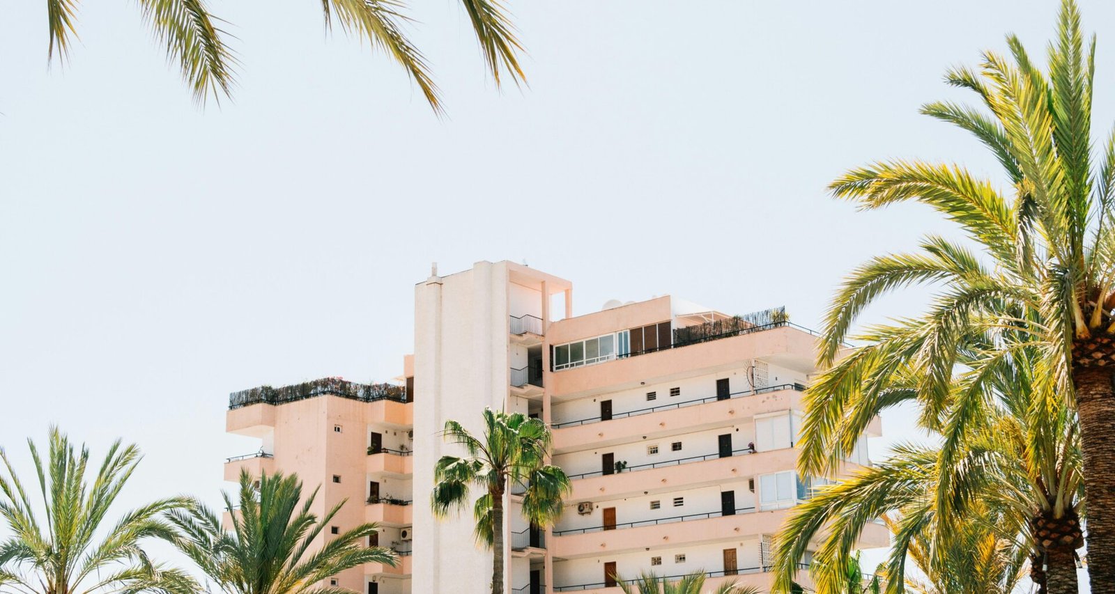 Weiße Betongebäude neben einer grünen Palme unter weißem Himmel auf Mallorca, aufgenommen bei Tageslicht