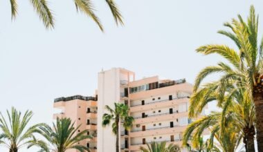 Weiße Betongebäude neben einer grünen Palme unter weißem Himmel auf Mallorca, aufgenommen bei Tageslicht