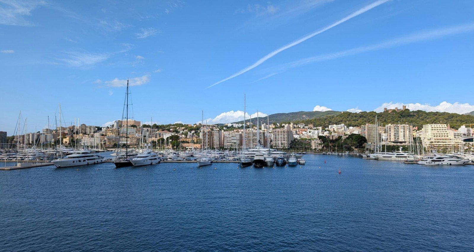 Yachten im Hafen auf Mallorca vor der Skyline der Stadt, aufgenommen von David Vives.