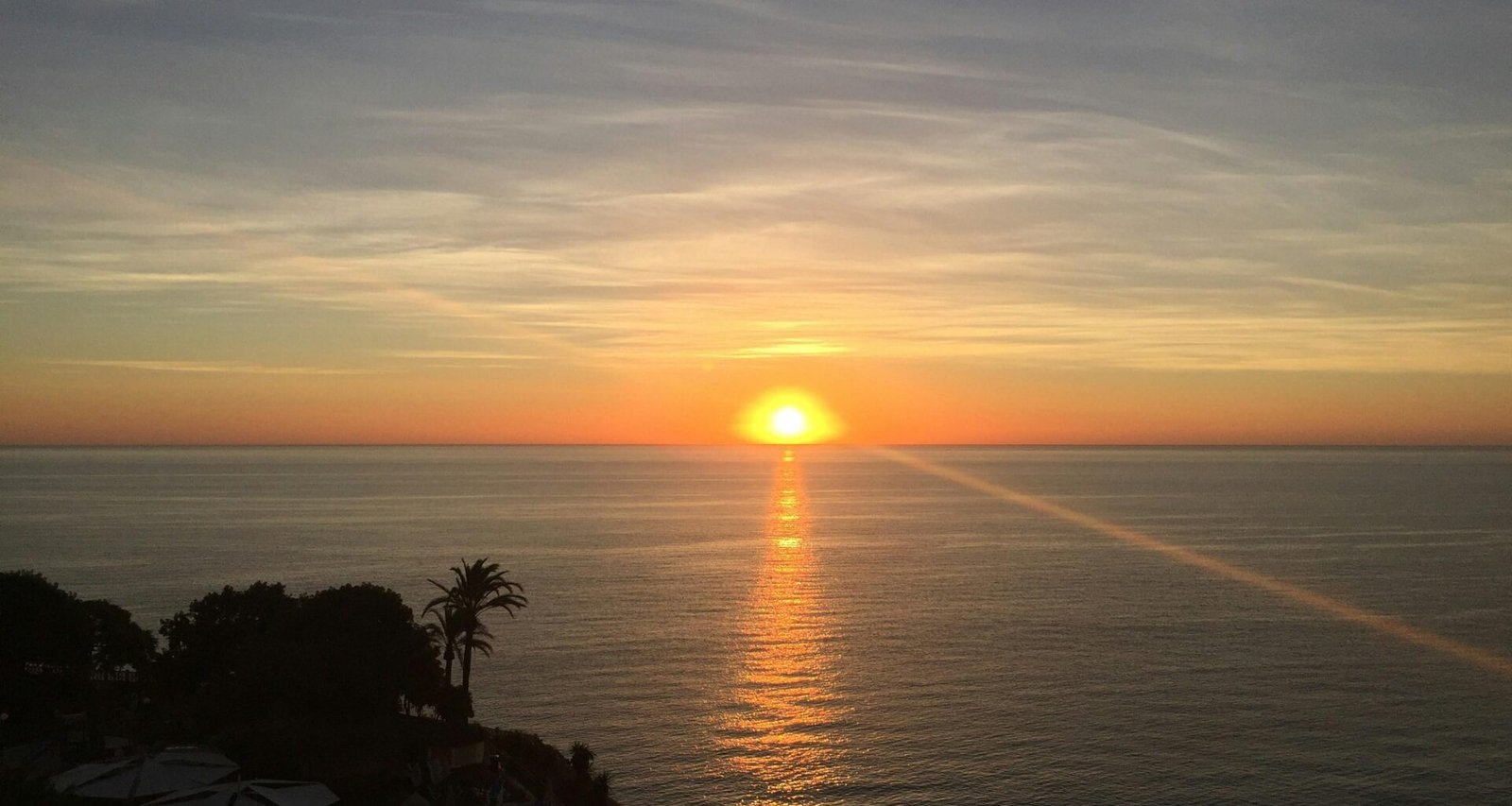 Sonnenuntergang über dem Meer auf Mallorca mit Palmen im Vordergrund, fotografiert von Chris Everiss