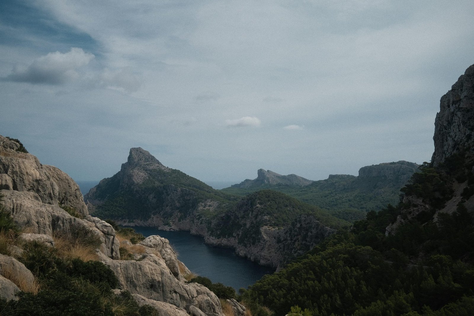 Ein Fluss, der durch ein grünes Tal auf Mallorca fließt, umgeben von Natur und Felsen