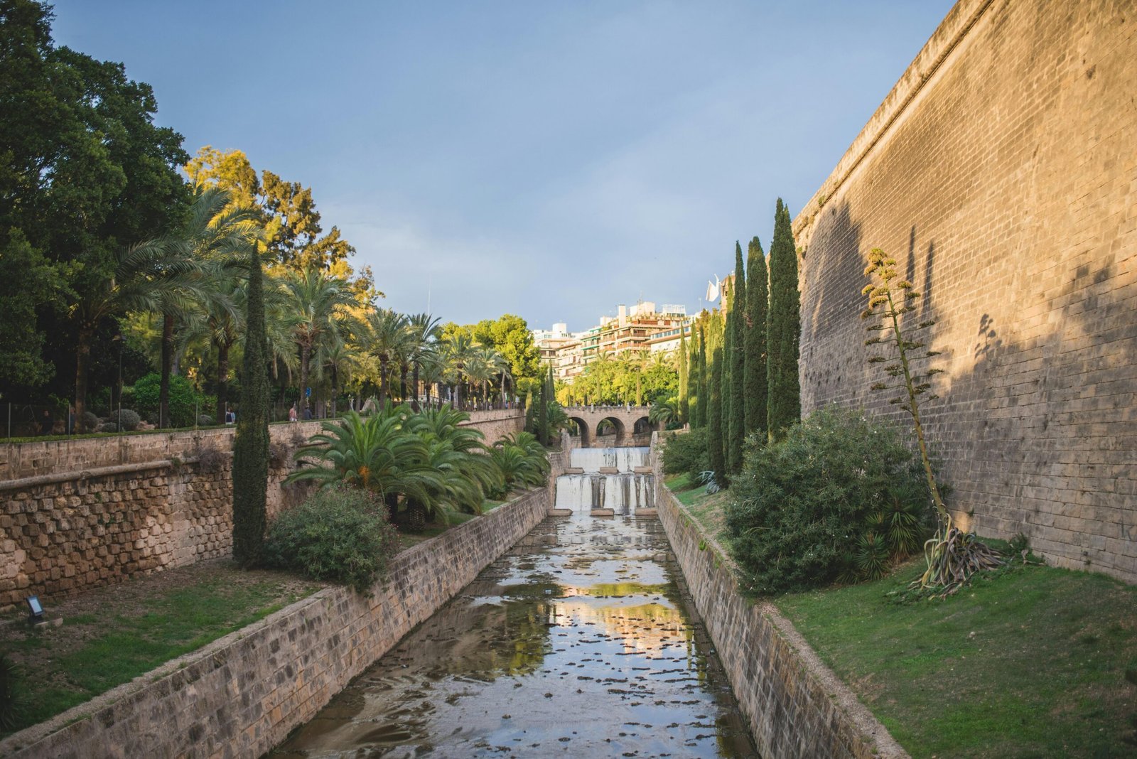 Ein Fluss, der durch einen grünen Park auf Mallorca fließt, umgeben von Bäumen und Natur.
