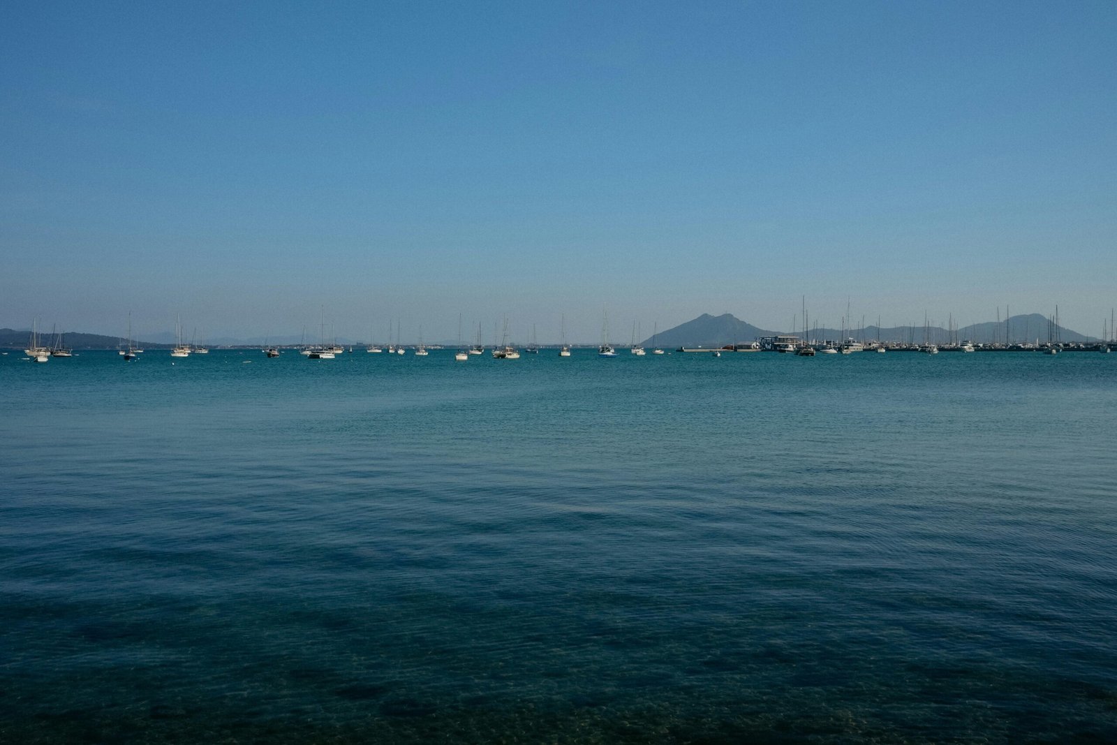 Viele Boote liegen im Hafen auf Mallorca, sichtbar auf dem Wasser mit klarem Himmel im Hintergrund