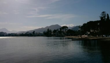 Ein ruhiger Wassersee auf Mallorca, umgeben von Bäumen und Bergen, aufgenommen von Konstantin Chemeris.