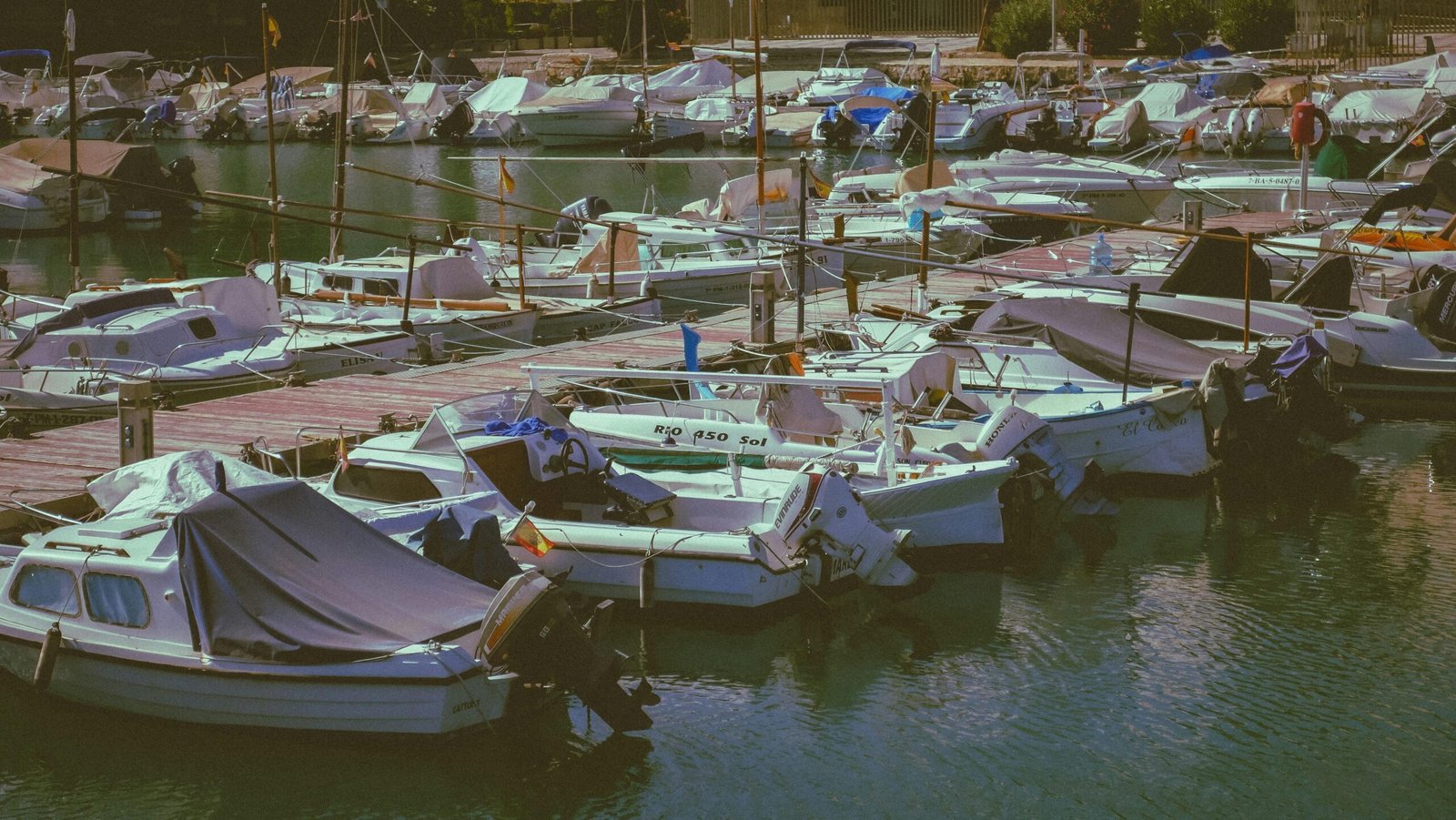 Hafen auf Mallorca mit vielen weißen Booten, die im Wasser liegen, aufgenommen von Diego Marín.