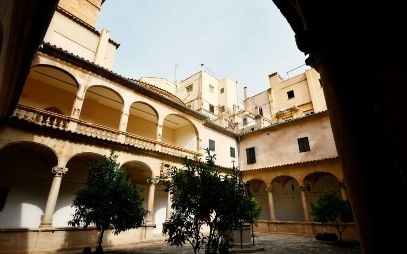 Innenhof auf Mallorca mit einem Baum in der Mitte, umgeben von alten Mauern, aufgenommen von Max Harlynking