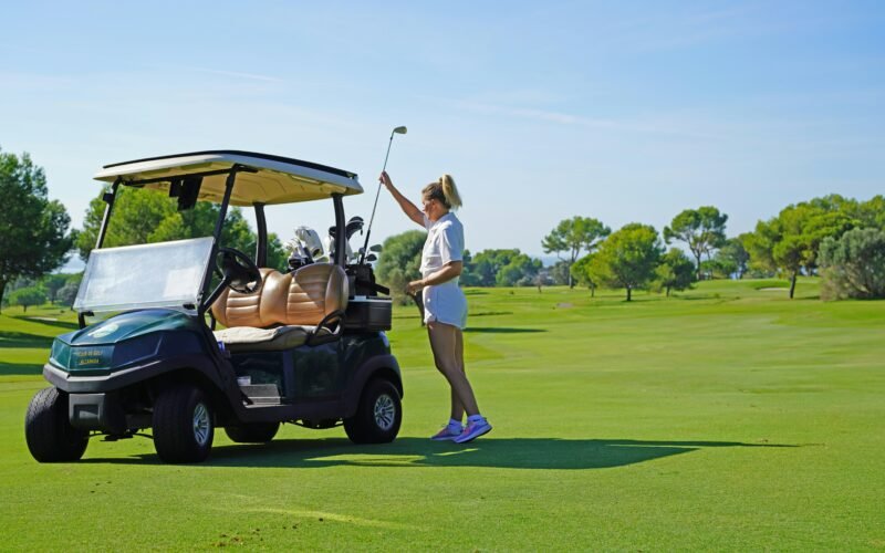 Frau steht neben einem Golfcart auf einem Golfplatz auf Mallorca, umgeben von grünen Fairways