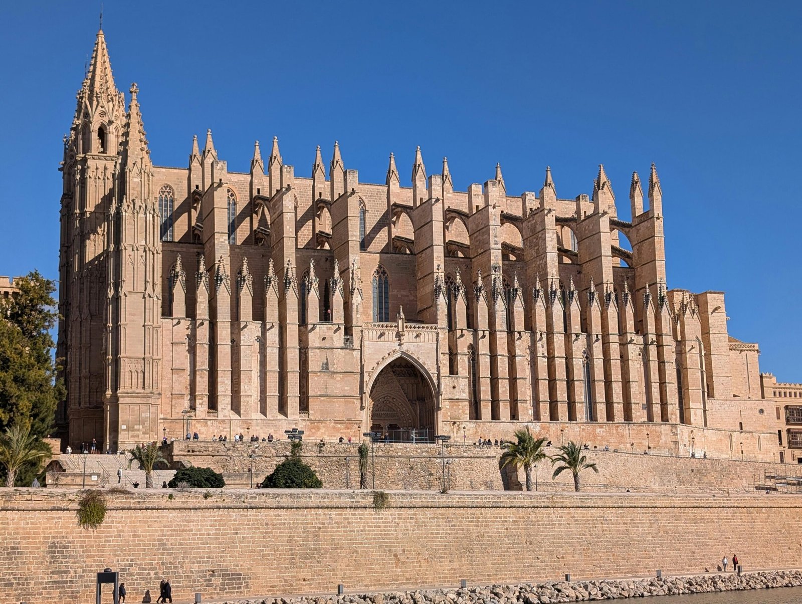 Große gotische Kathedrale auf Mallorca mit kunstvollen spitzen Türmen unter blauem Himmel, aufgenommen von David Vives.