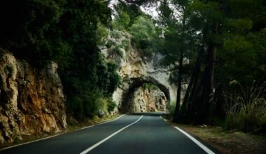 Straße mit einem Tunnel in der Mitte auf Mallorca, aufgenommen von Stock Birken, zeigt eine landschaftliche Route.