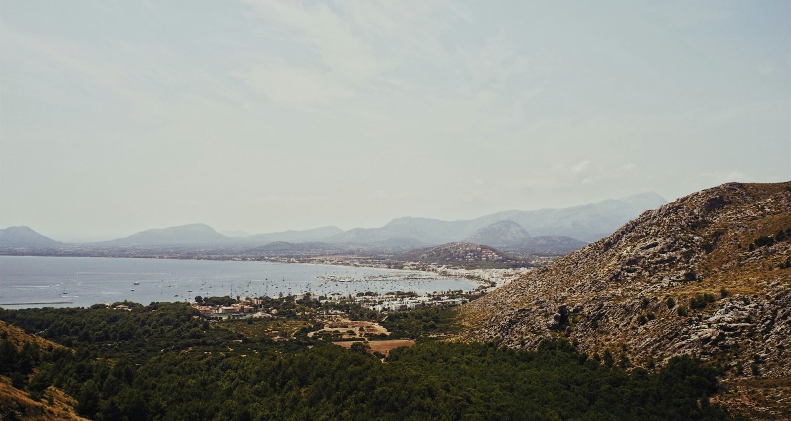 Grüne Bäume nahe Bergen und Meer auf Mallorca bei Tageslicht, aufgenommen von Oscar Nord