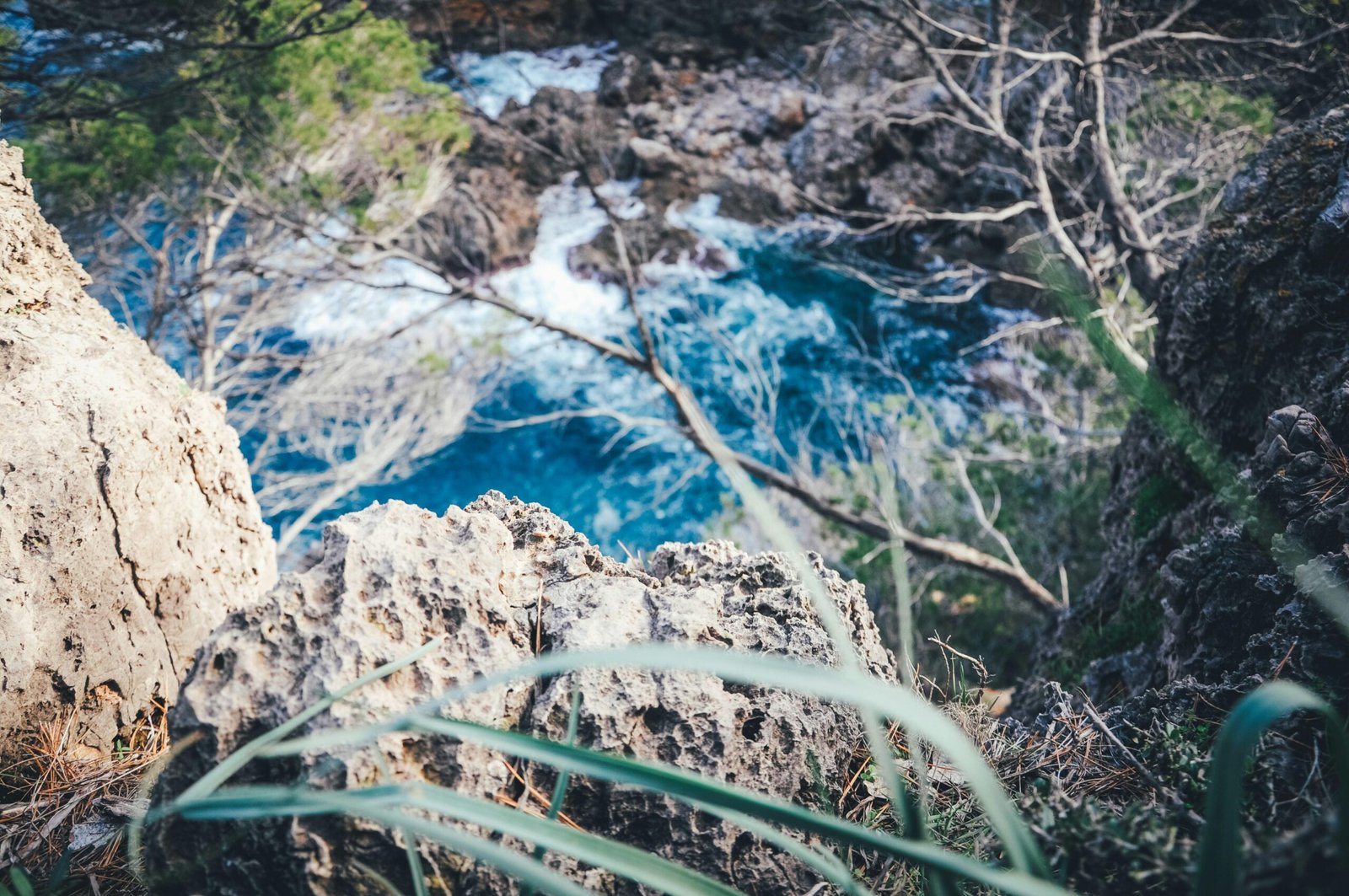 Grünes Gras nahe einem weißen und blauen Wasser auf Mallorca bei Tageslicht, fotografiert von Max Prieß.